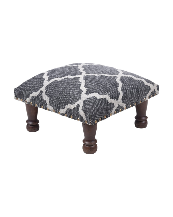 Black & White Cotton Print Foot Stool with Wood Base