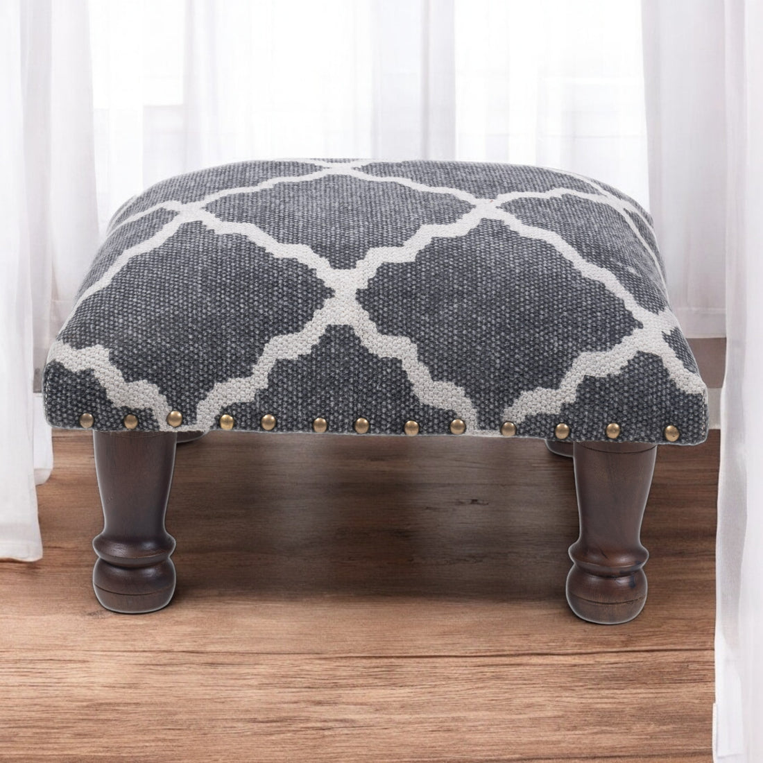 Black & White Cotton Print Foot Stool with Wood Base