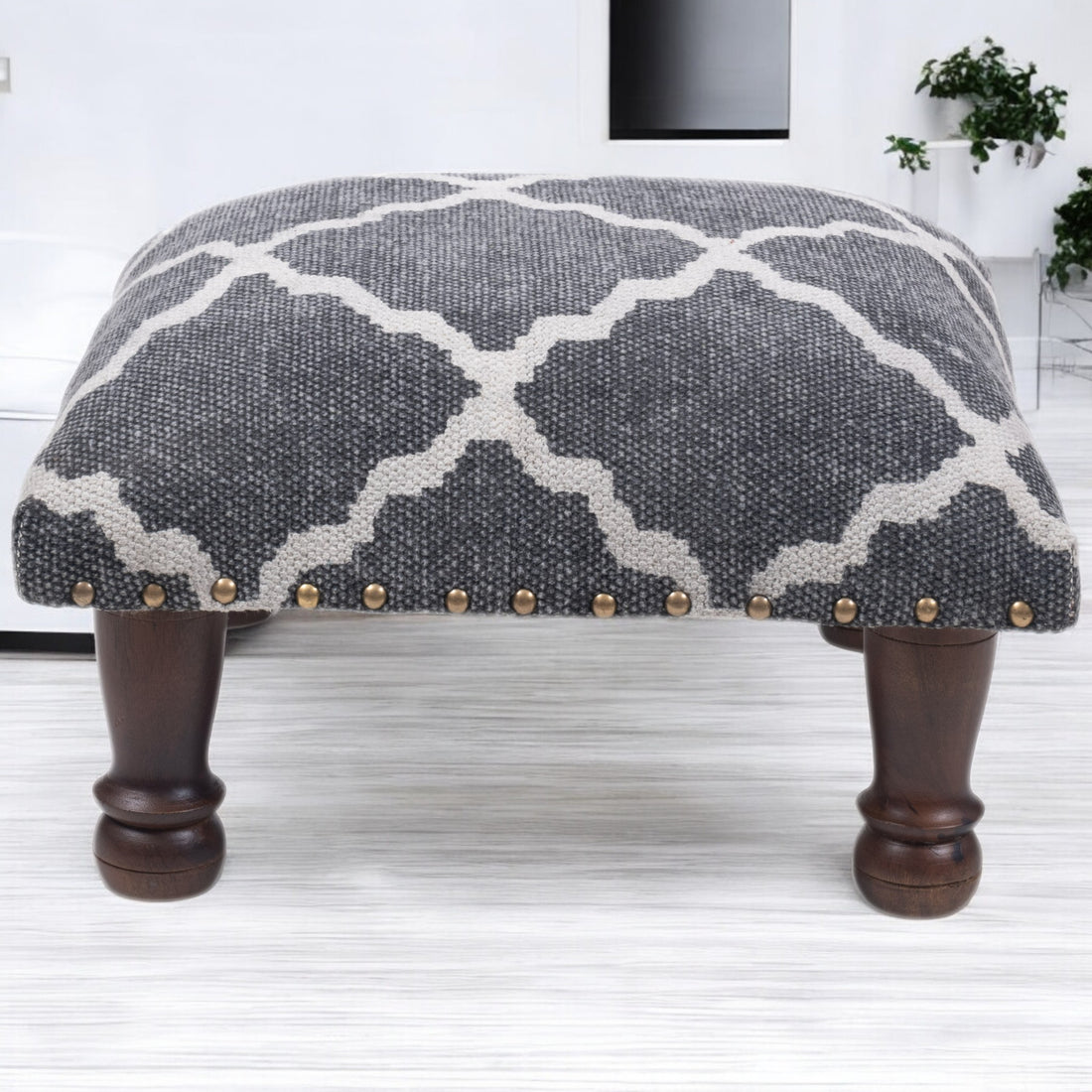 Black & White Cotton Print Foot Stool with Wood Base