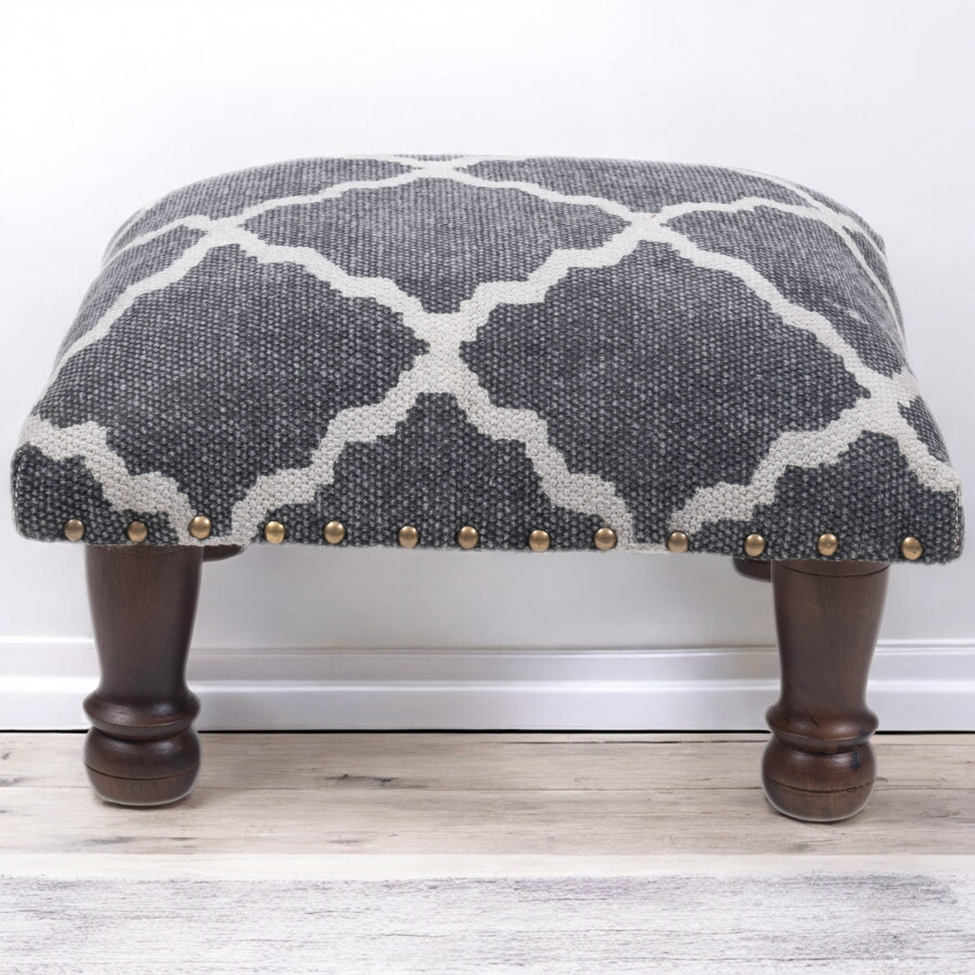 Black & White Cotton Print Foot Stool with Wood Base