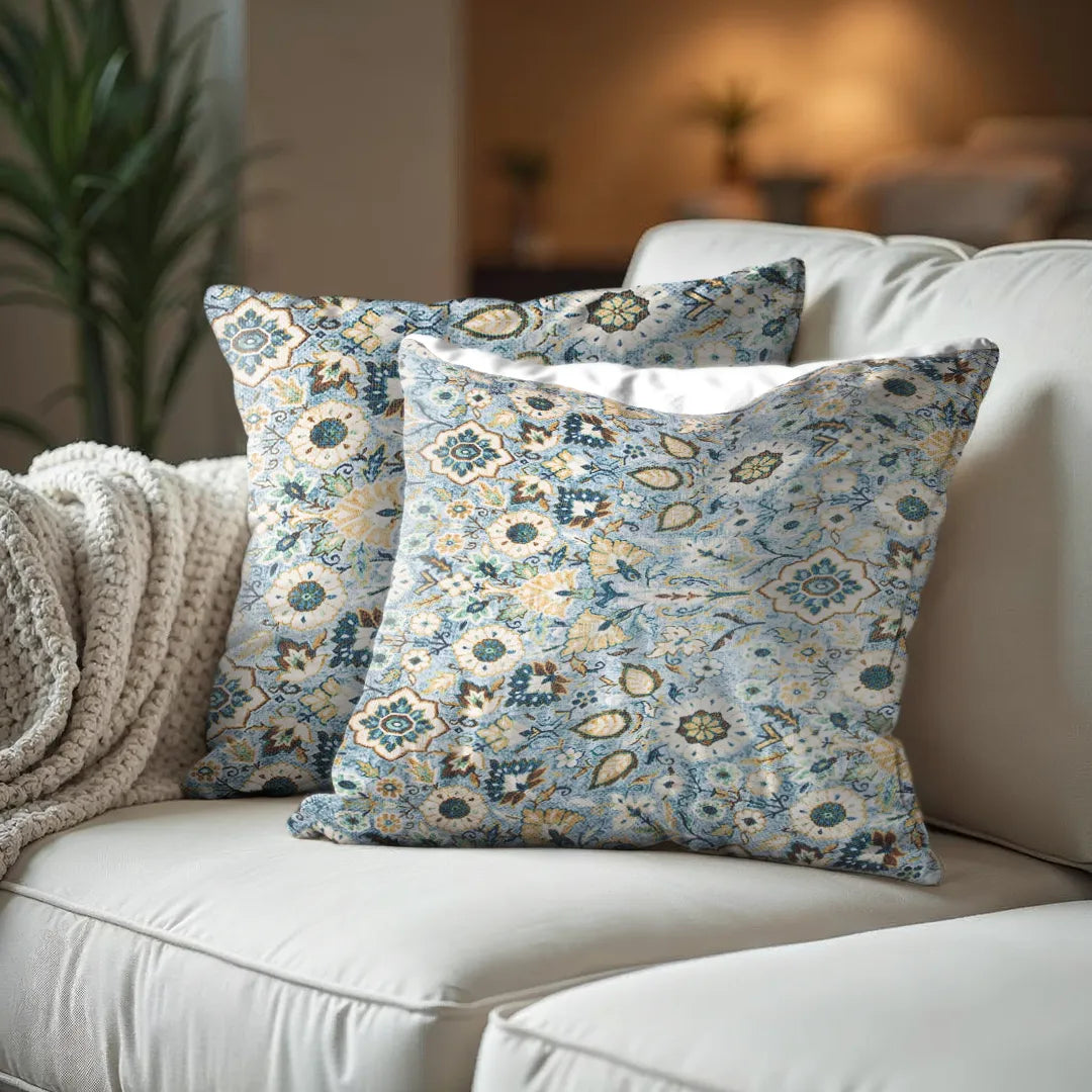 Rich Floral and Leaf Motifs in Sky Blue Cushion Cover