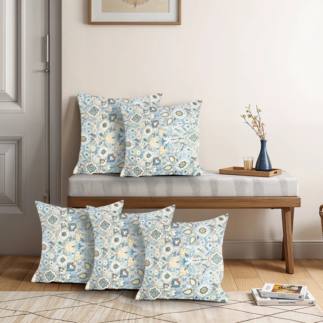 Rich Floral and Leaf Motifs in Sky Blue Cushion Cover
