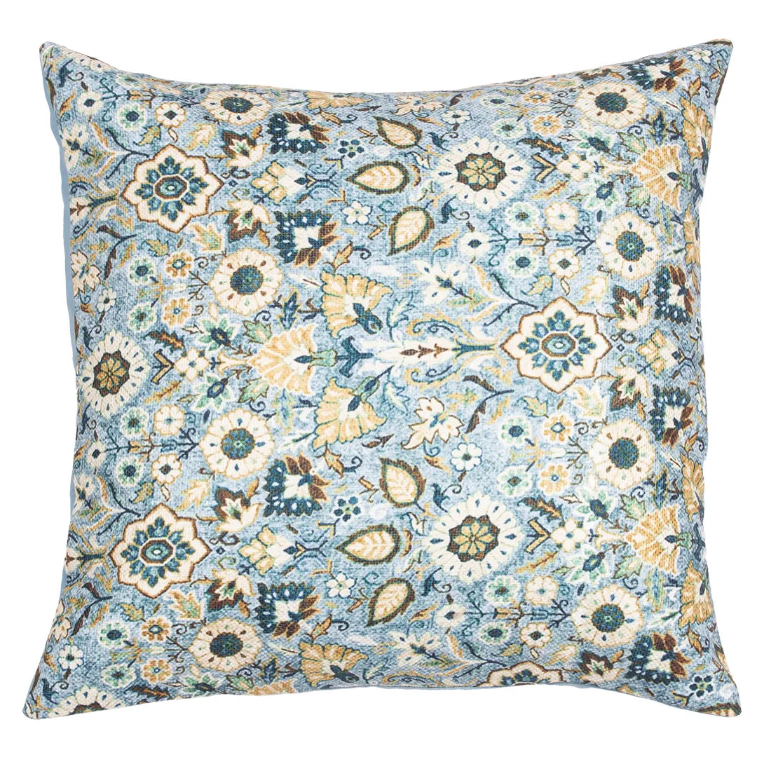 Rich Floral and Leaf Motifs in Sky Blue Cushion Cover