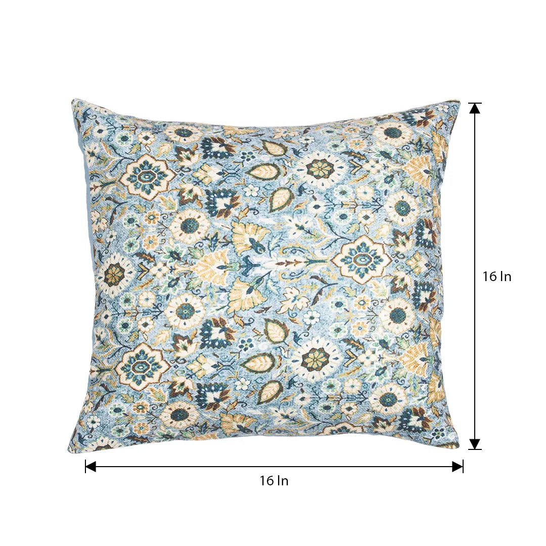 Rich Floral and Leaf Motifs in Sky Blue Cushion Cover