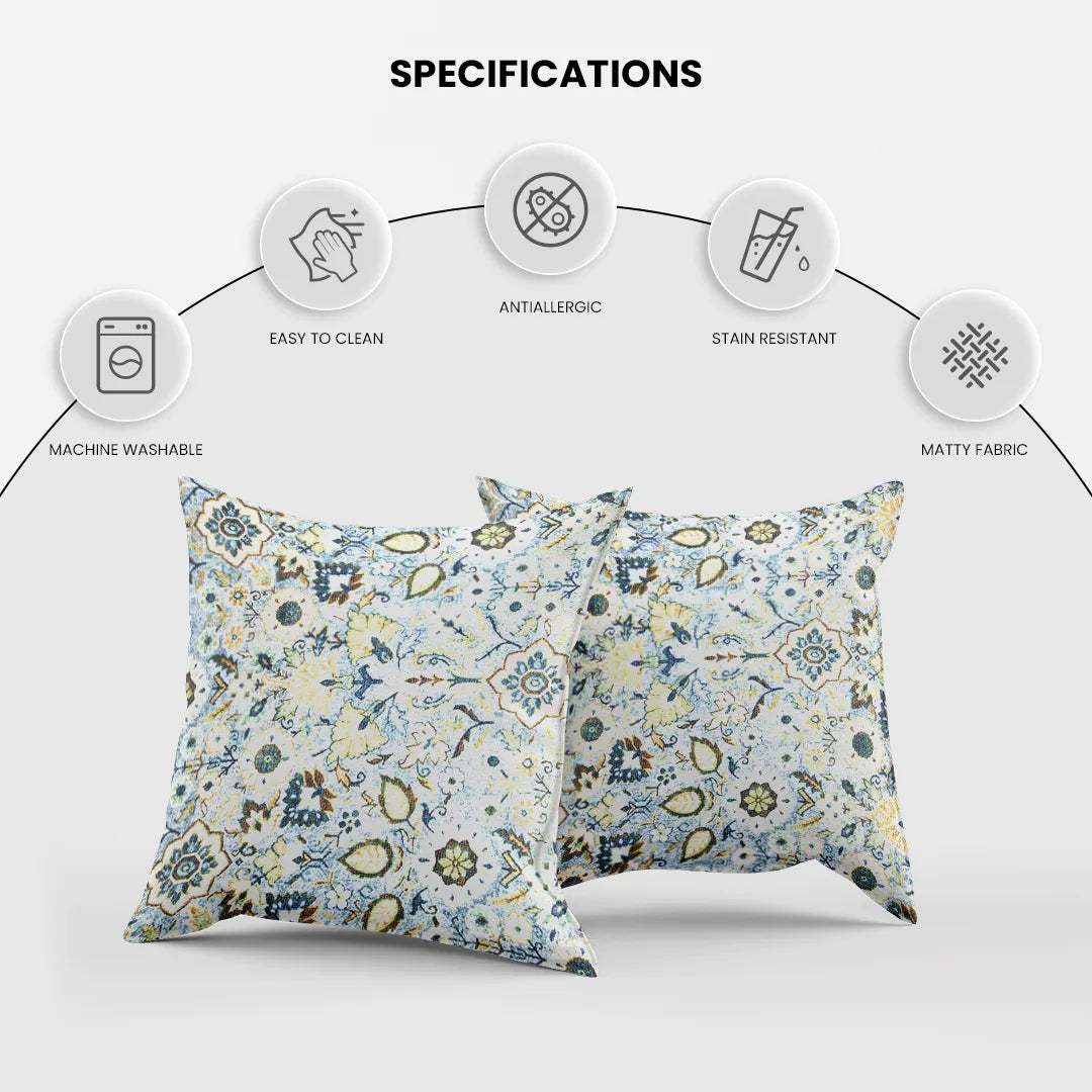 Rich Floral and Leaf Motifs in Sky Blue Cushion Cover