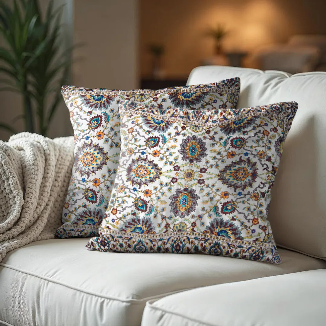 Symmetrical Floral and Geometric Design Cushion Cover