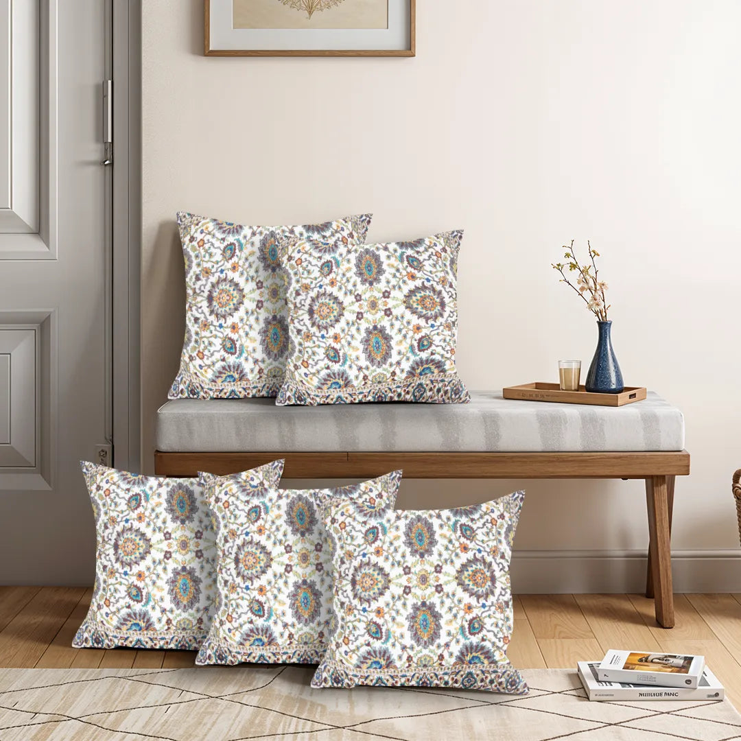 Symmetrical Floral and Geometric Design Cushion Cover