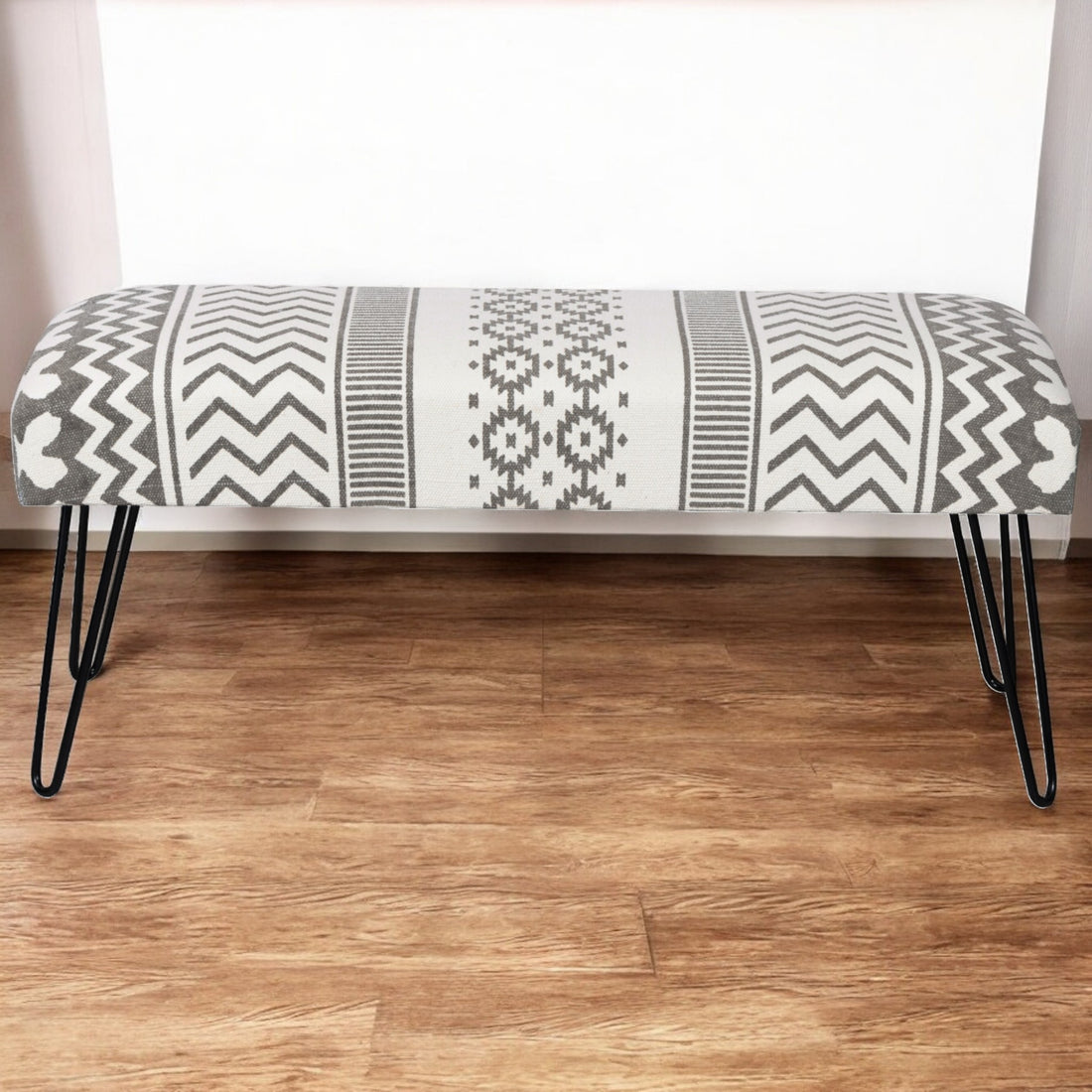 Wooden Bench with White & Grey Cotton Print Fabric