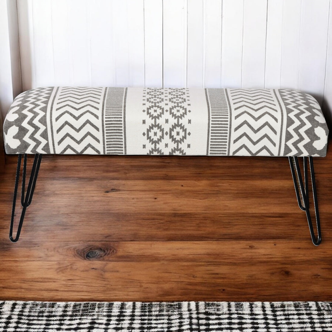 Wooden Bench with White & Grey Cotton Print Fabric