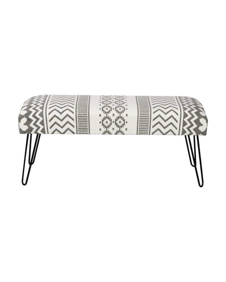 Wooden Bench with White & Grey Cotton Print Fabric