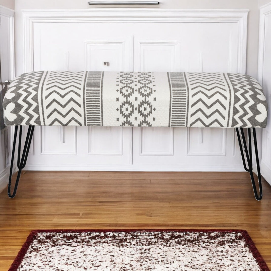 Wooden Bench with White & Grey Cotton Print Fabric