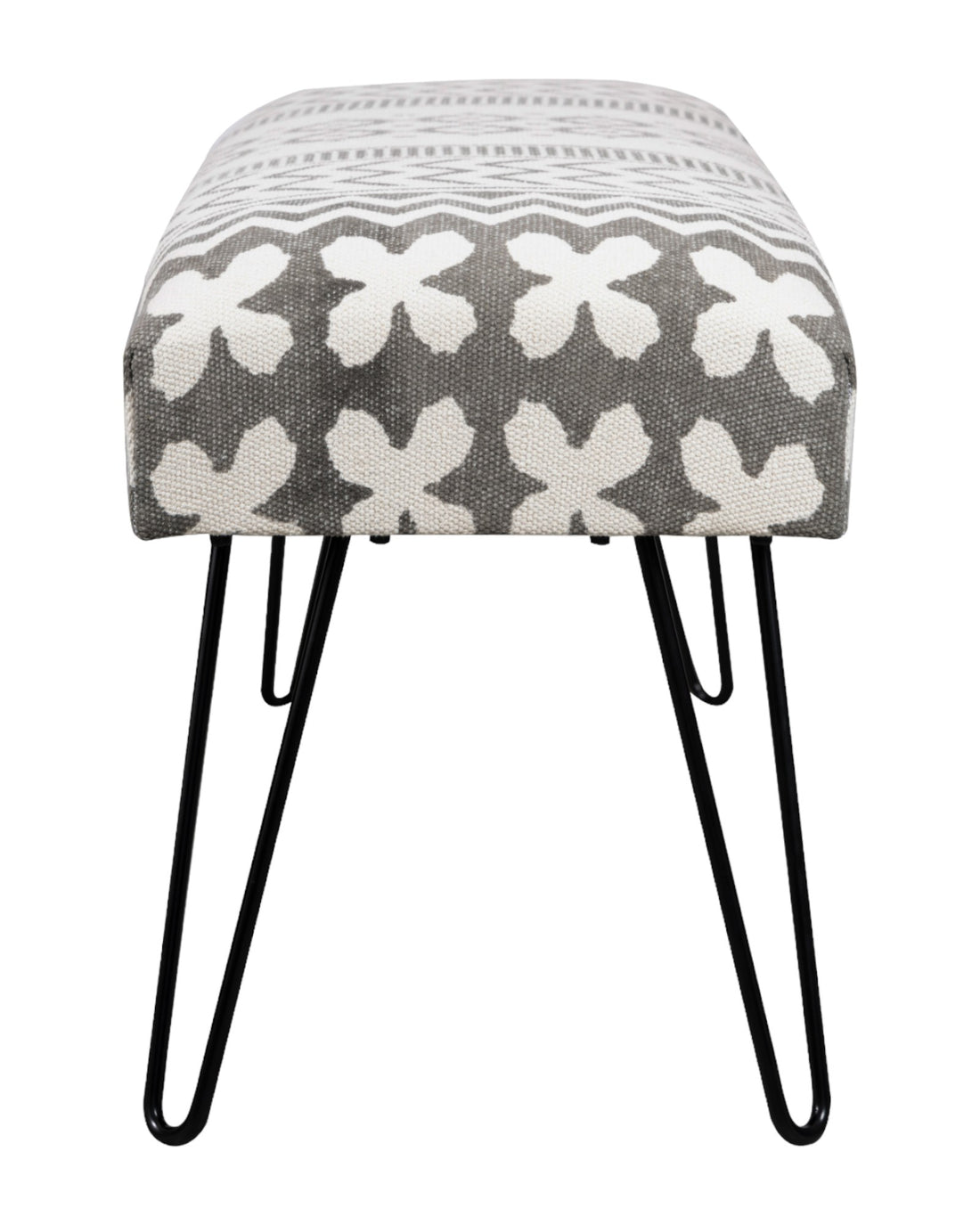 Wooden Bench with White & Grey Cotton Print Fabric