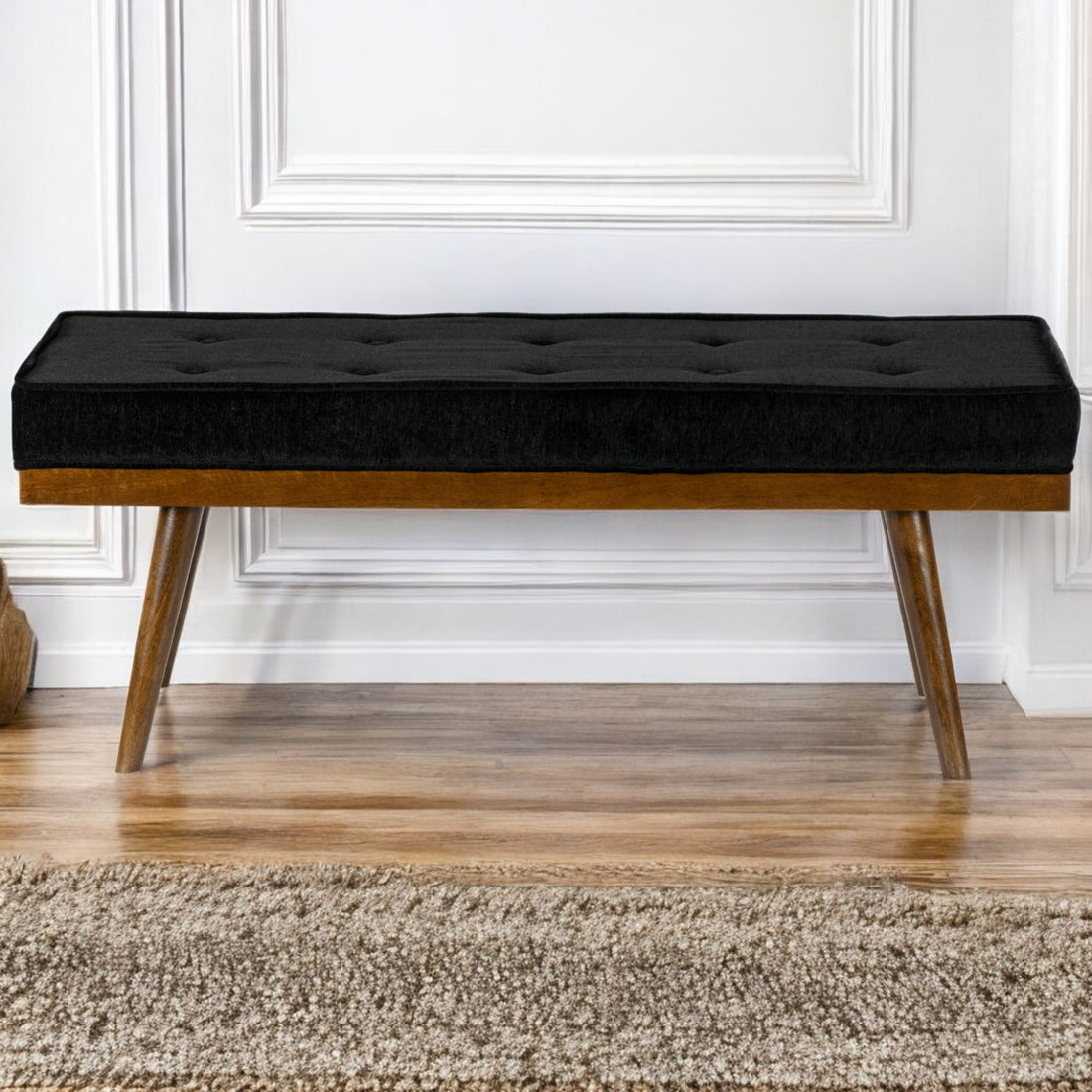 Mid-Century Modern Upholstered Bench with Walnut Legs