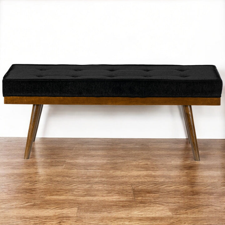 Mid-Century Modern Upholstered Bench with Walnut Legs