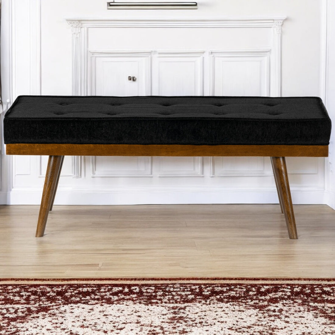 Mid-Century Modern Upholstered Bench with Walnut Legs