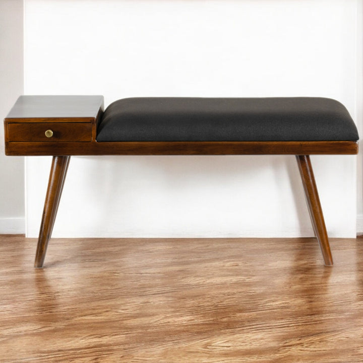 Mid-Century Modern Upholstered Bench with Drawer and Walnut Legs