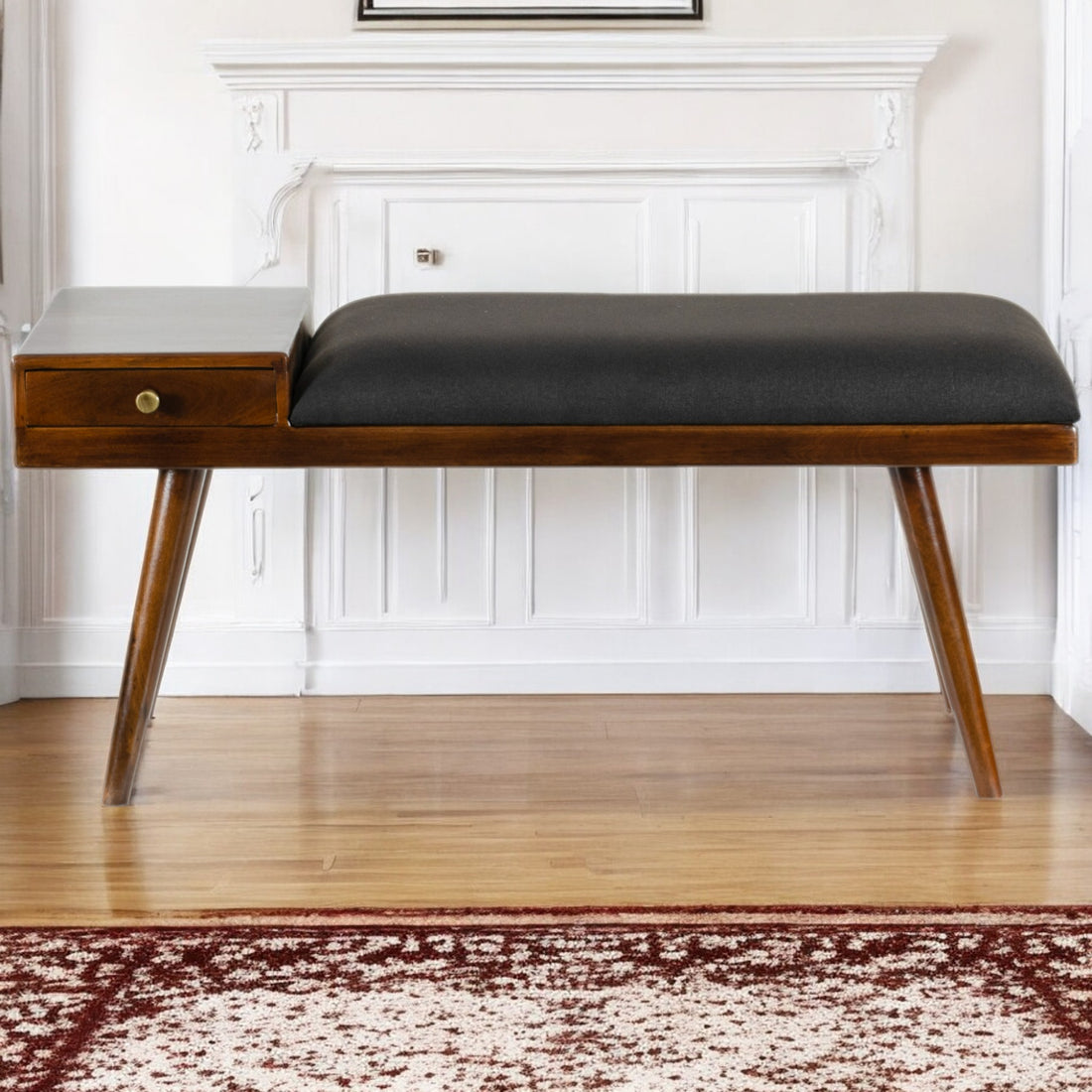 Mid-Century Modern Upholstered Bench with Drawer and Walnut Legs