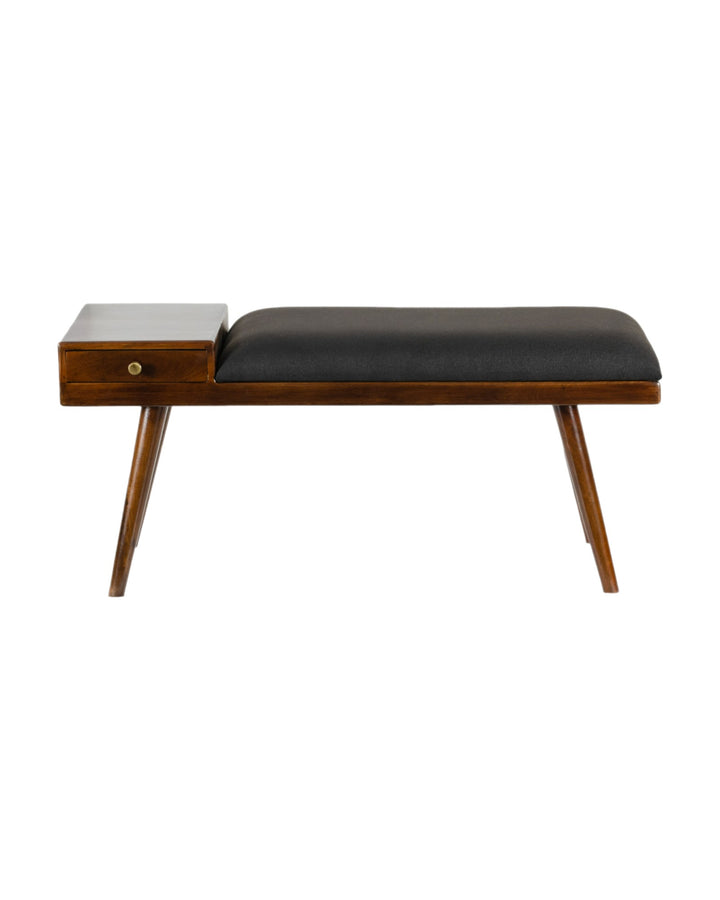 Mid-Century Modern Upholstered Bench with Drawer and Walnut Legs