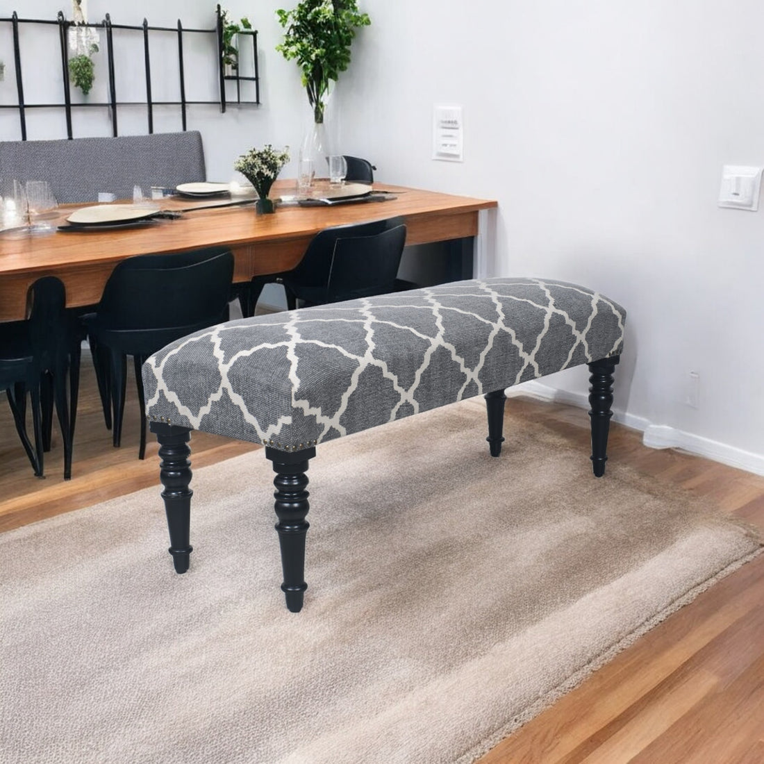 Wooden Bench with Grey Cotton Print Cushioned Seat