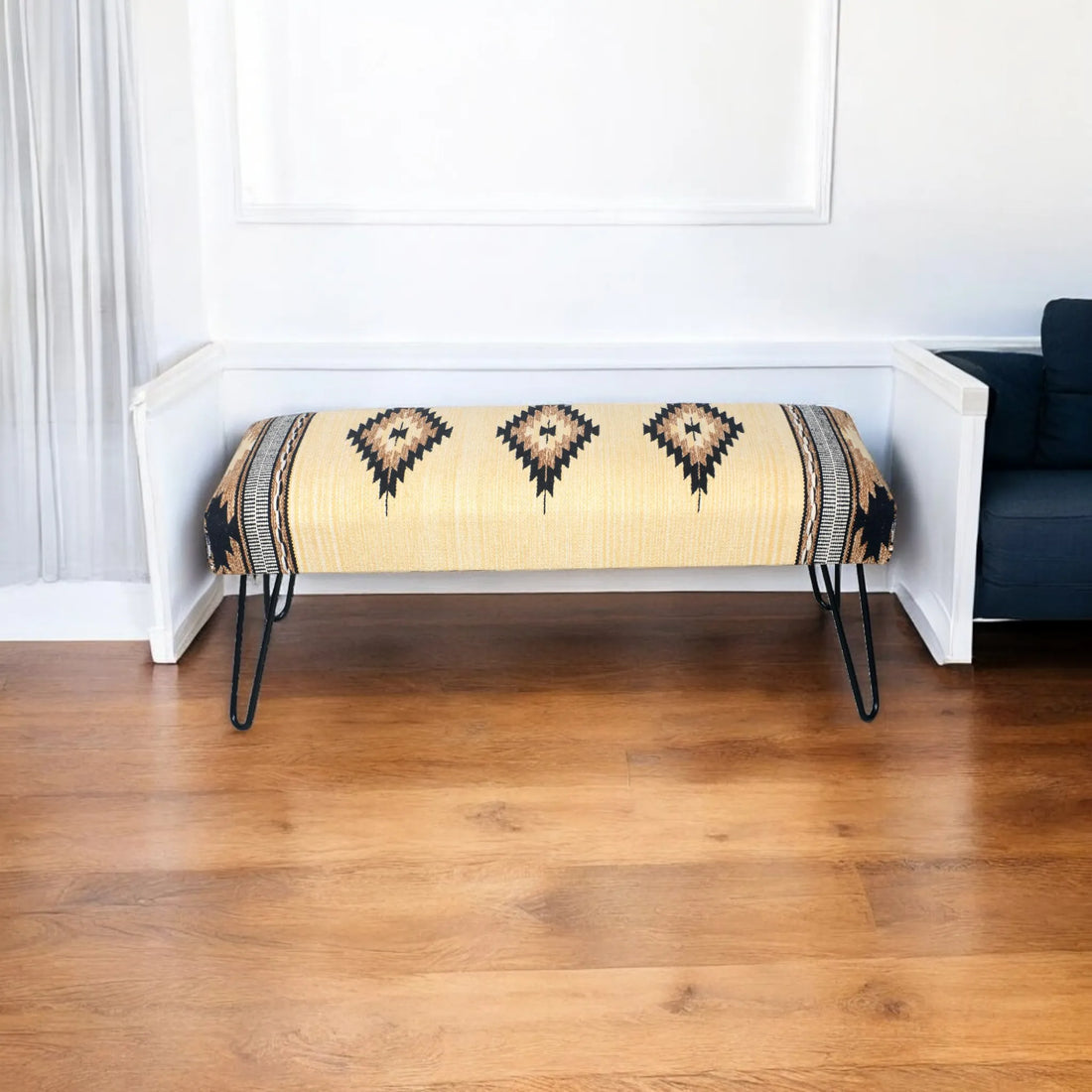 Woven Printed Dhurrie Upholstered Wooden Bench