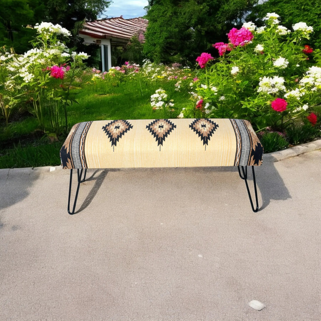 Woven Printed Dhurrie Upholstered Wooden Bench