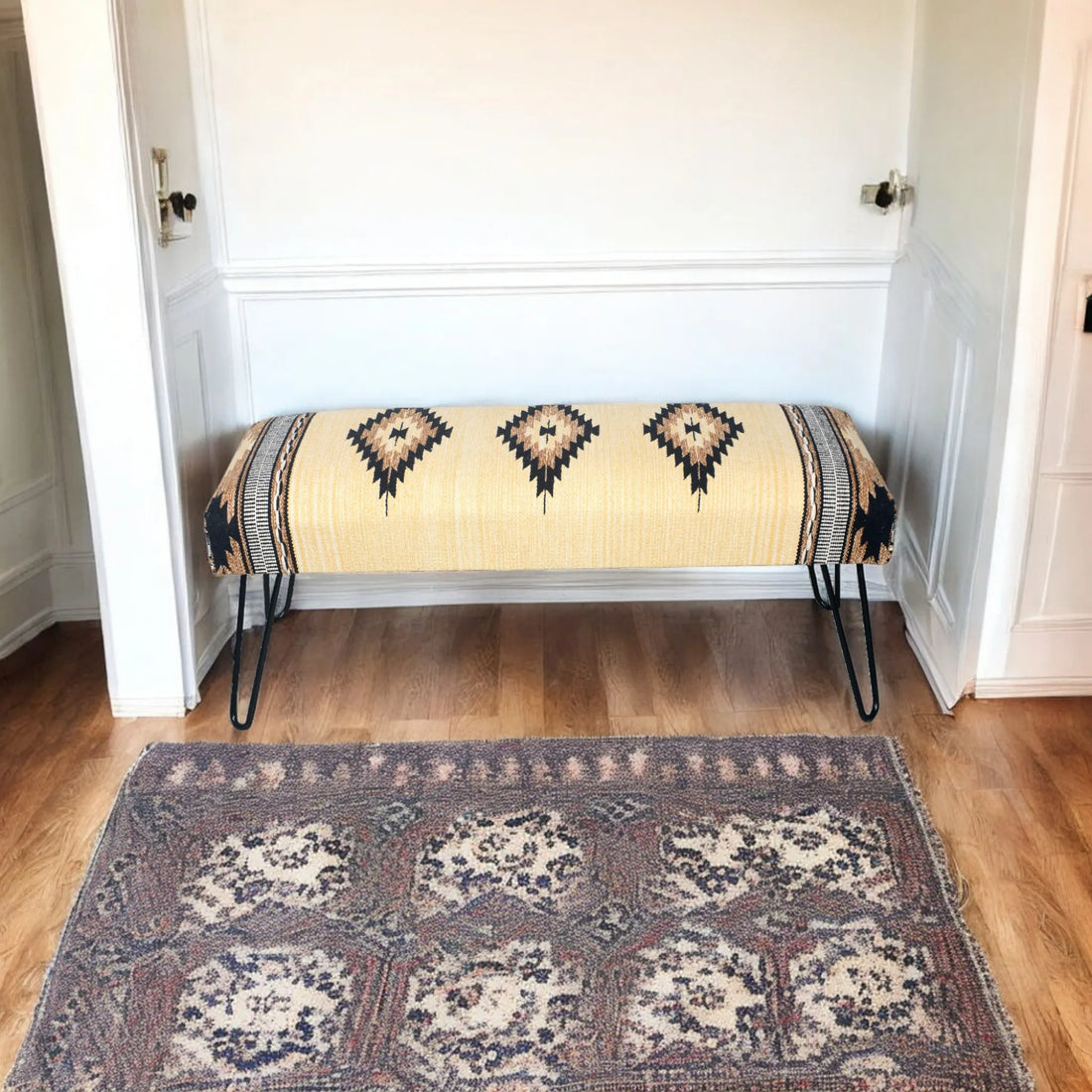 Woven Printed Dhurrie Upholstered Wooden Bench