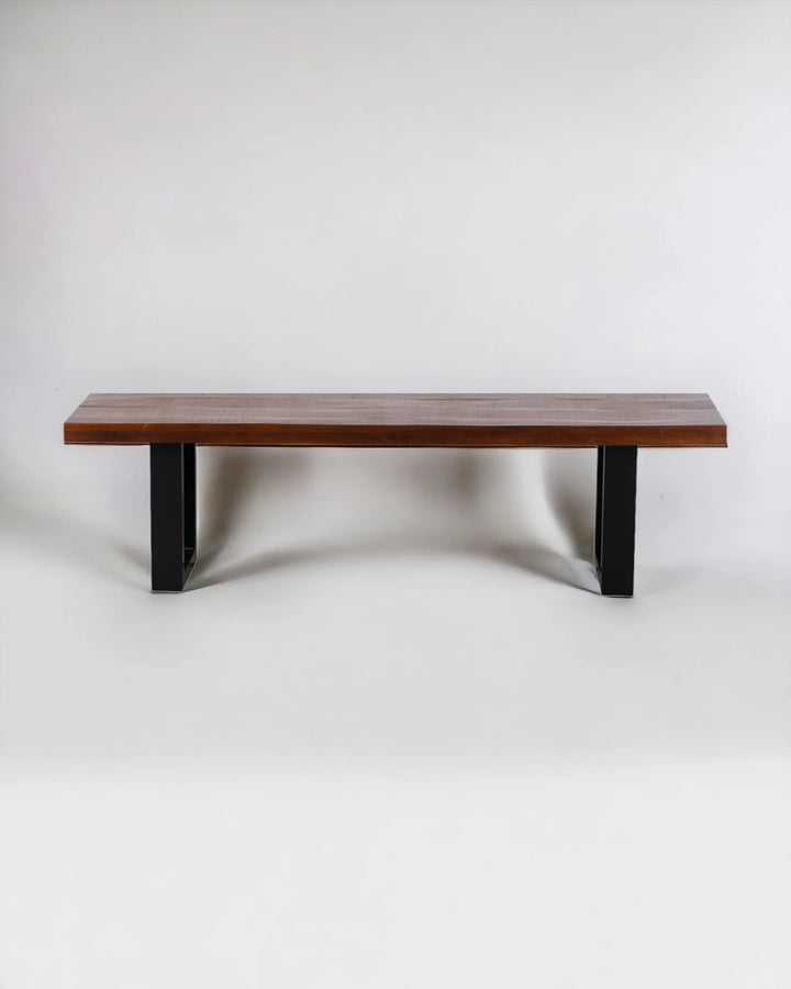 Walnut-Finished Mango Wood Bench with Sturdy Iron Frame