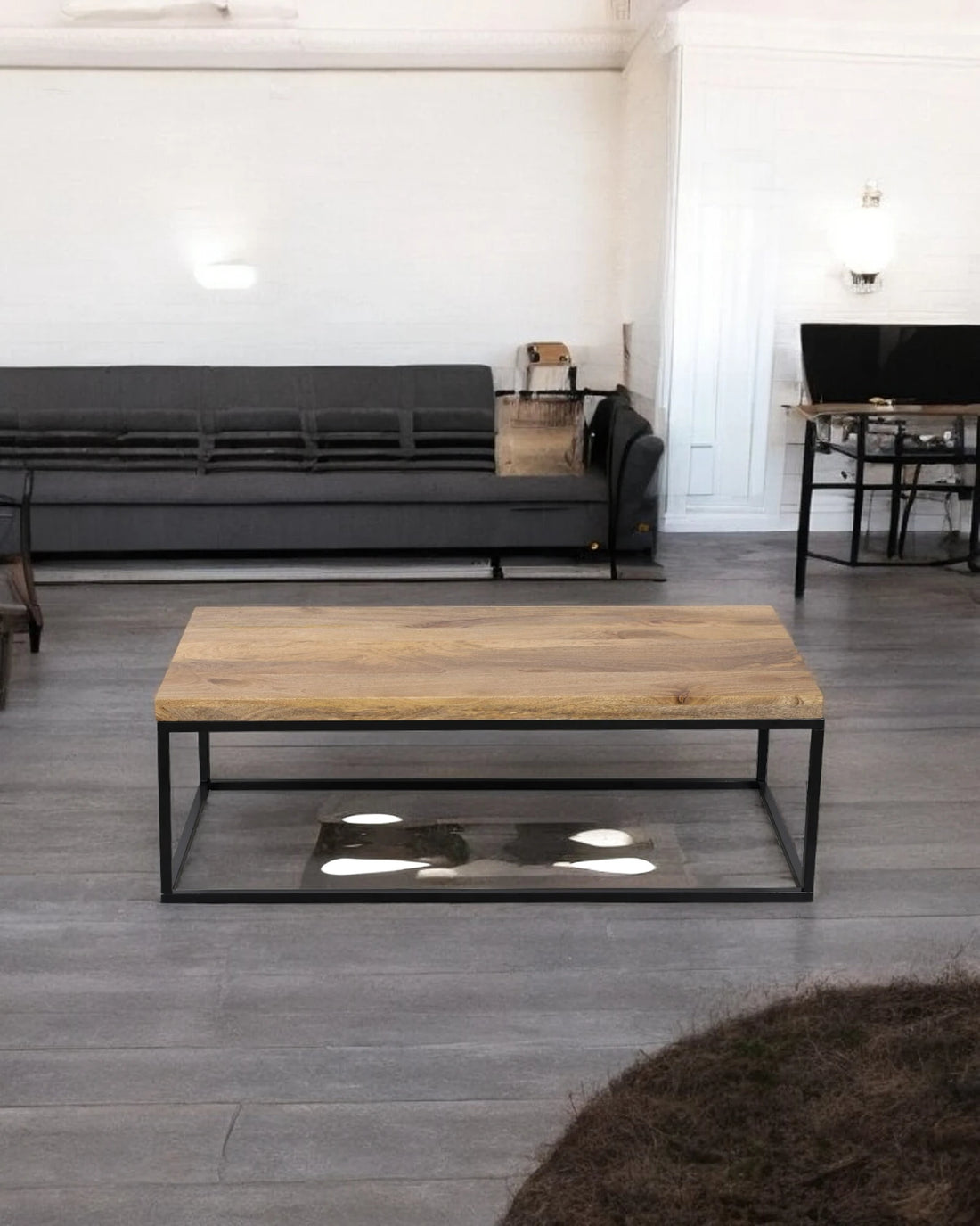 Wooden Top Coffee Table with Black Iron Frame