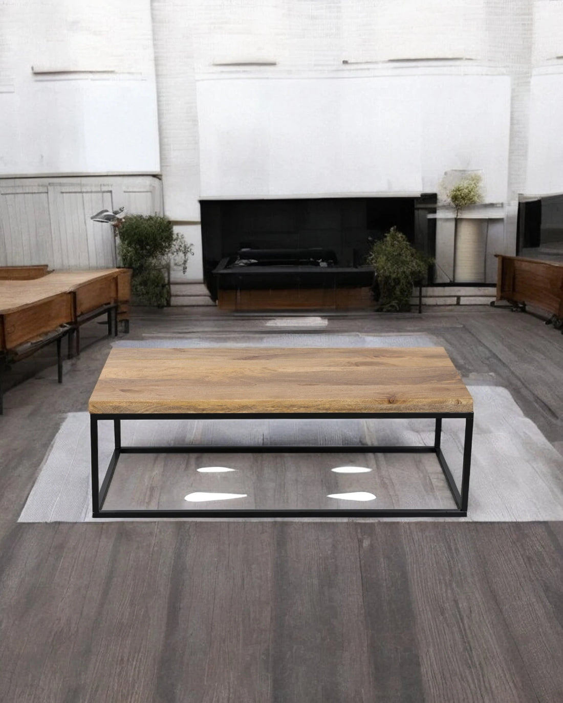 Wooden Top Coffee Table with Black Iron Frame