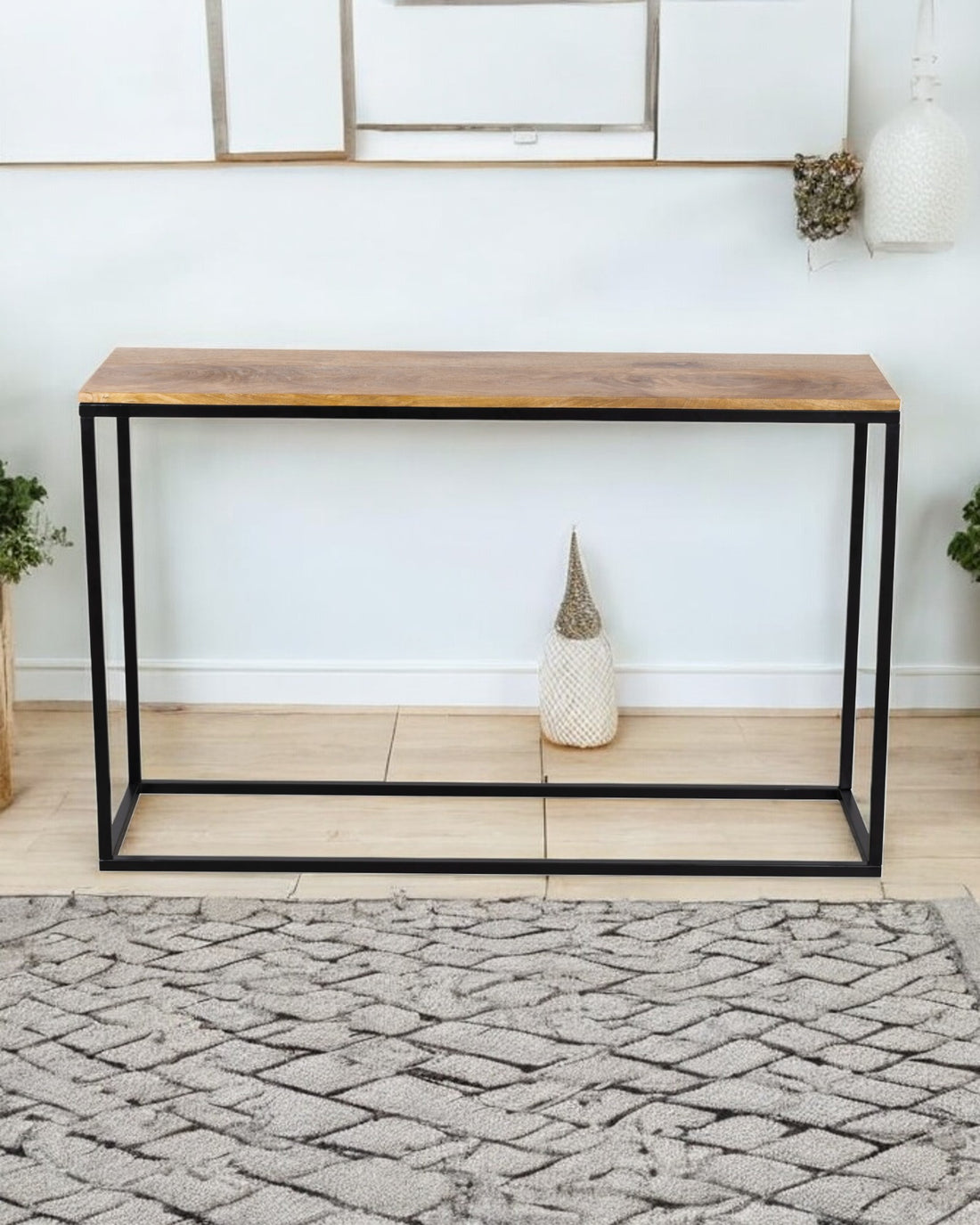 Wooden Top Console Table with Black Iron Frame