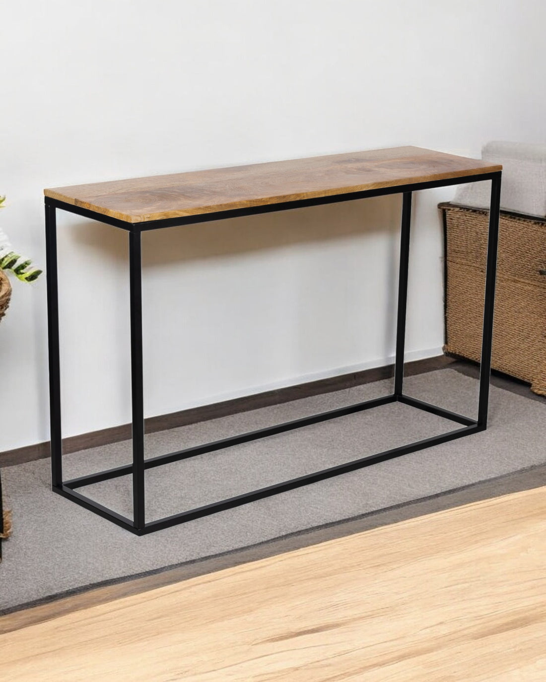 Wooden Top Console Table with Black Iron Frame