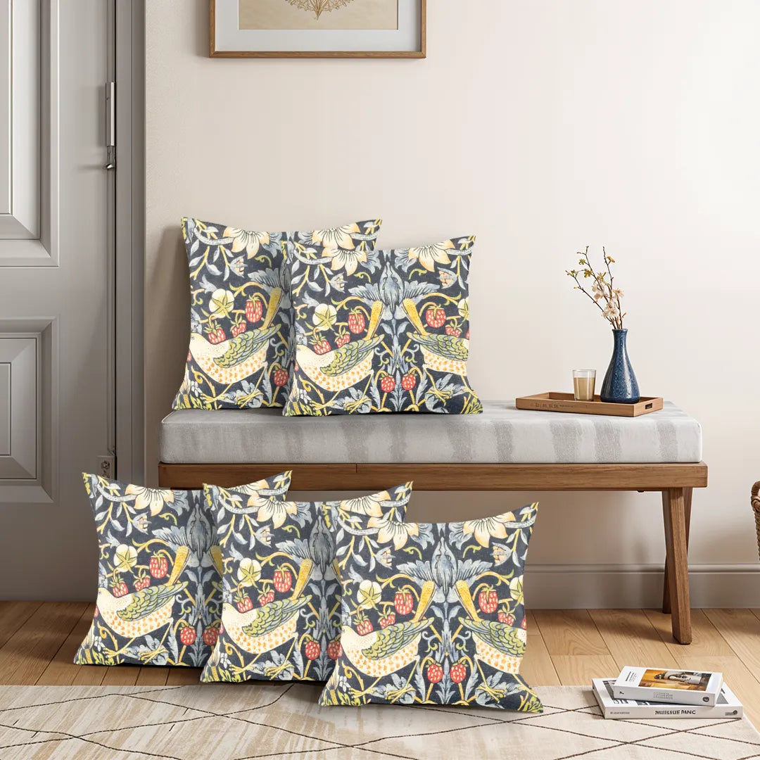 Arts and Crafts with Floral Motifs & Bird Accents Cushion Cover