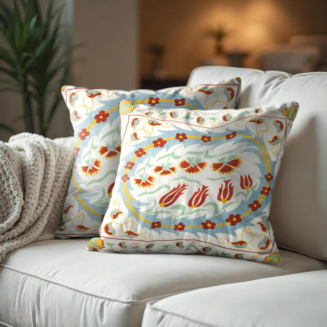 Stylized Floral and Geometric Embroidered Cushion Cover