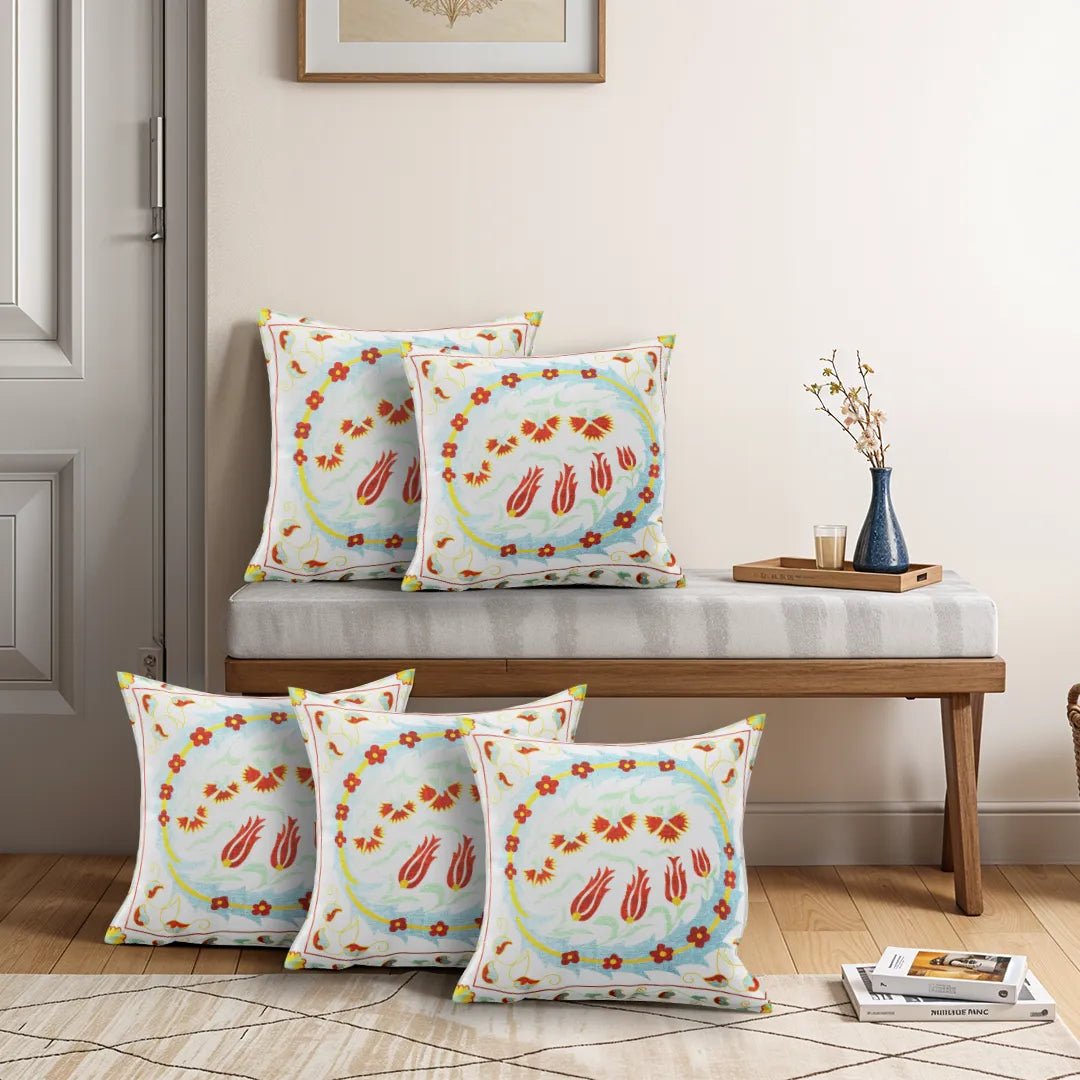 Stylized Floral and Geometric Embroidered Cushion Cover