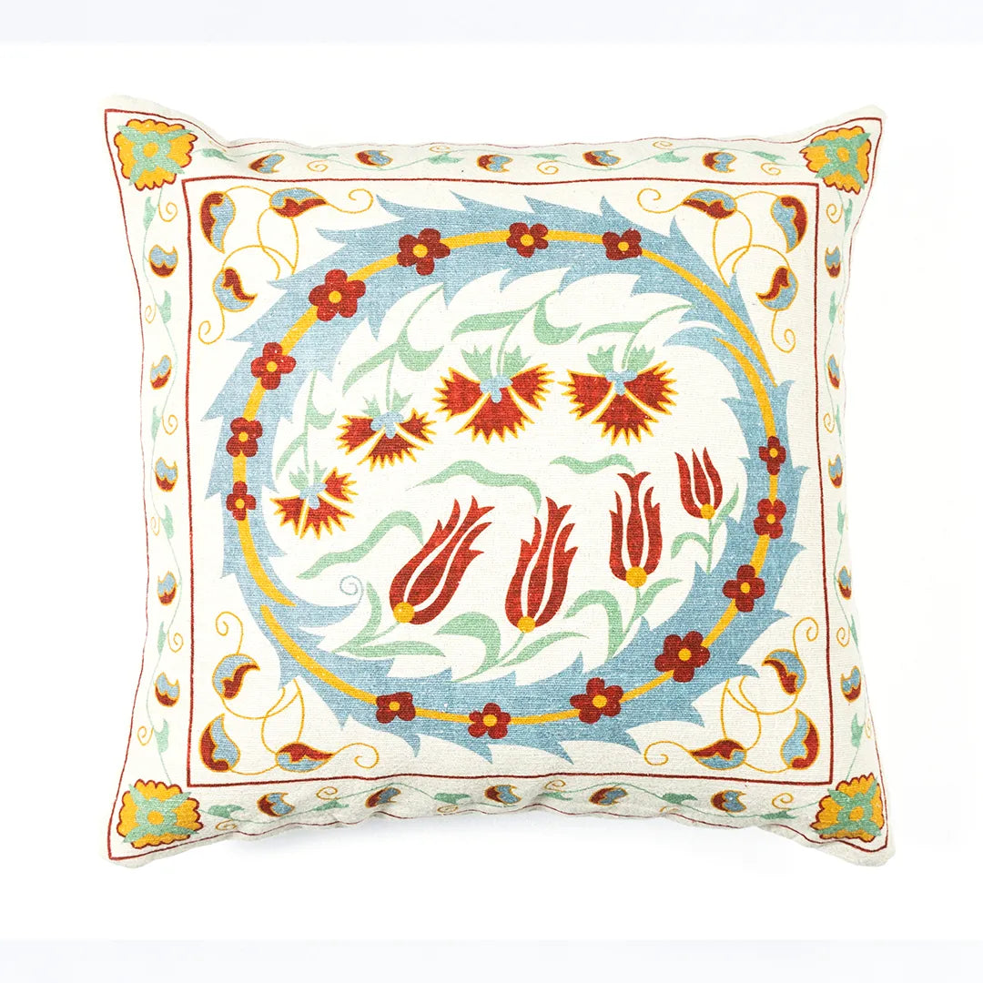 Stylized Floral and Geometric Embroidered Cushion Cover