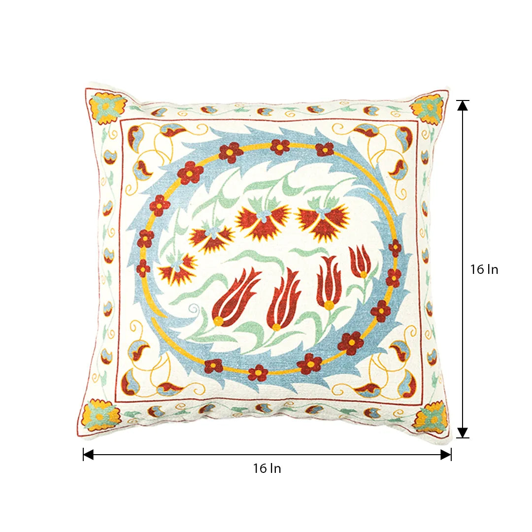 Stylized Floral and Geometric Embroidered Cushion Cover