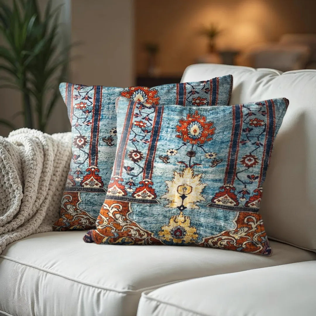 Teal-Blue Antique Rug Design Cushion Cover