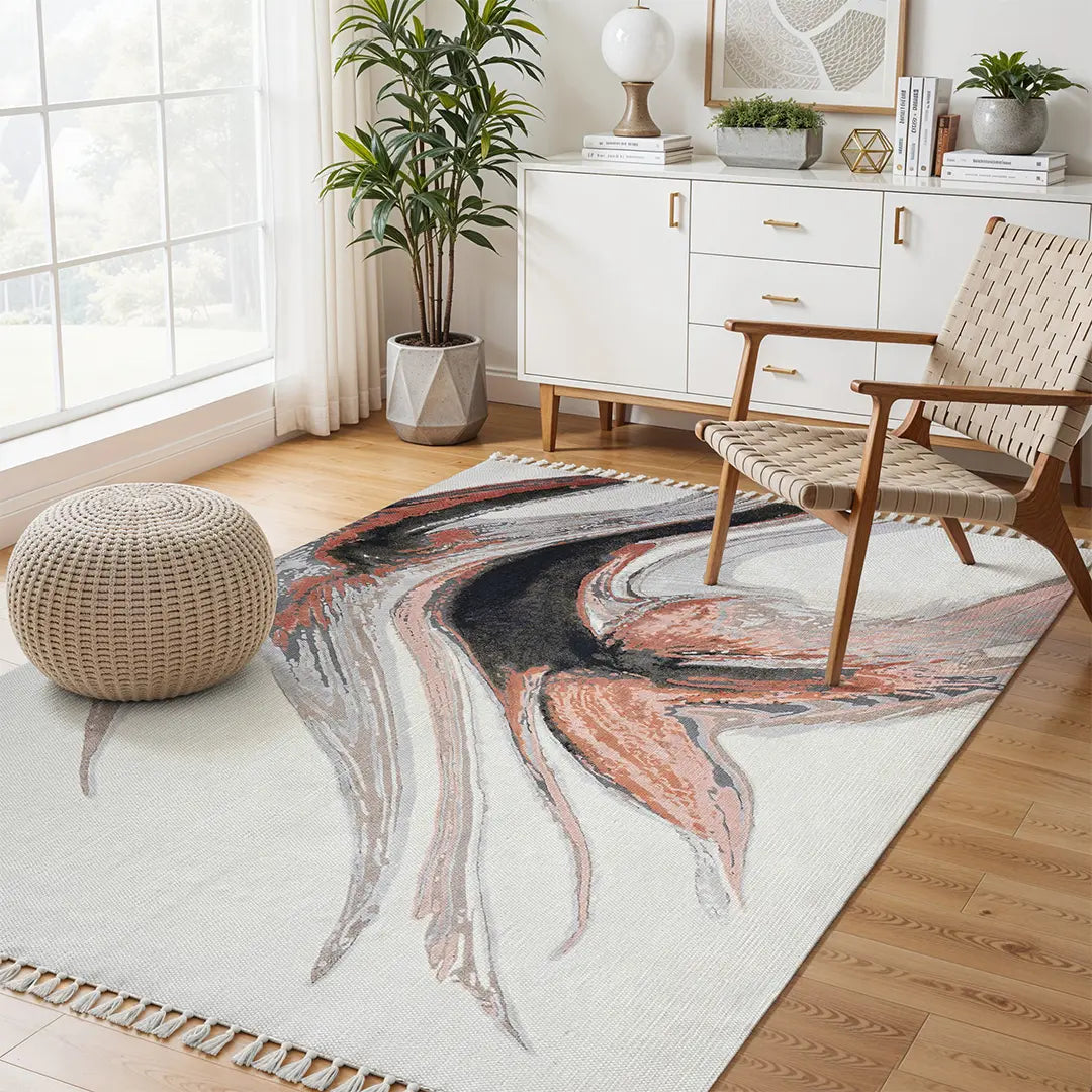 Modern Abstract Rug with Fluid Shapes and Muted Tones