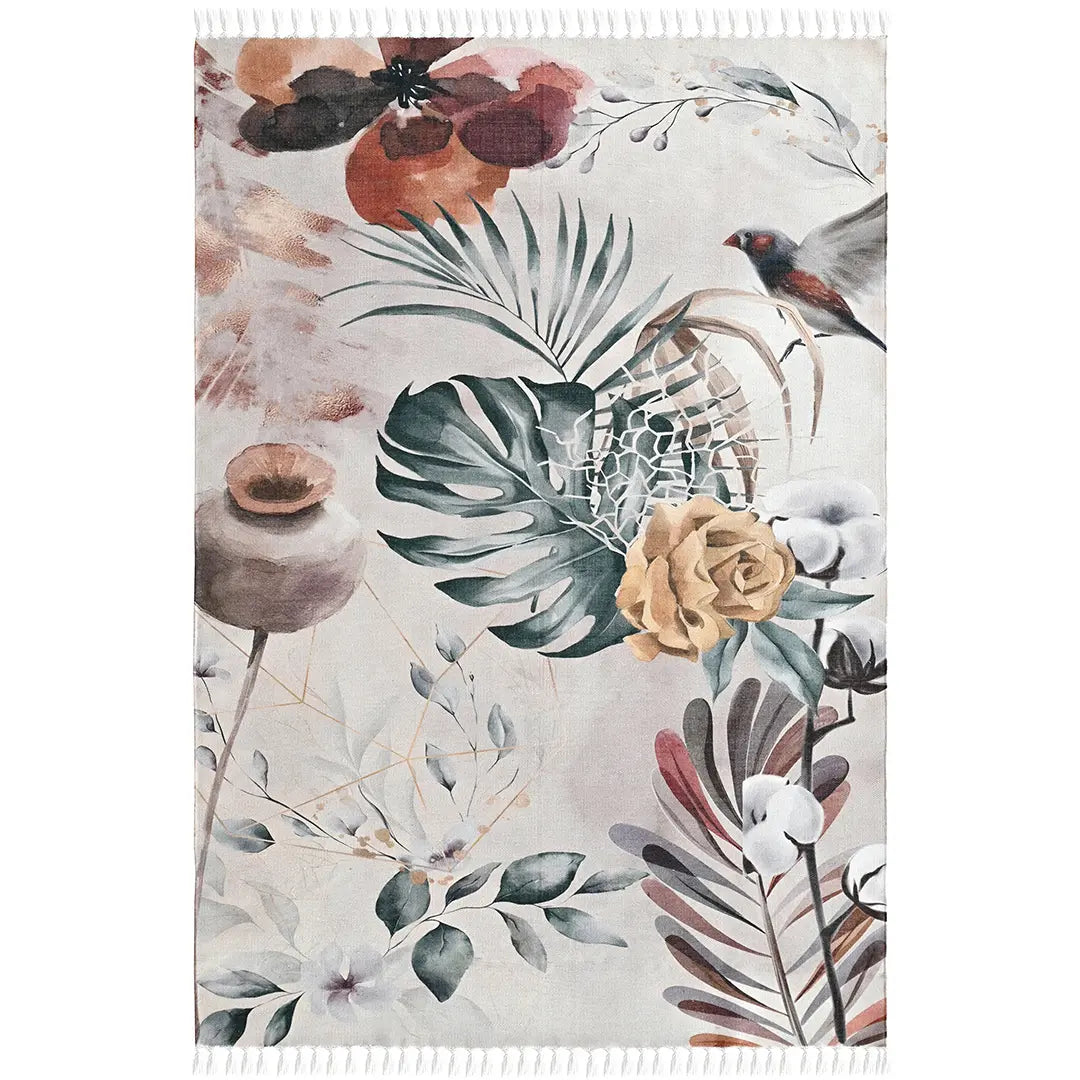 Botanical-Themed Digital Print Rug with Tropical and Floral Motifs