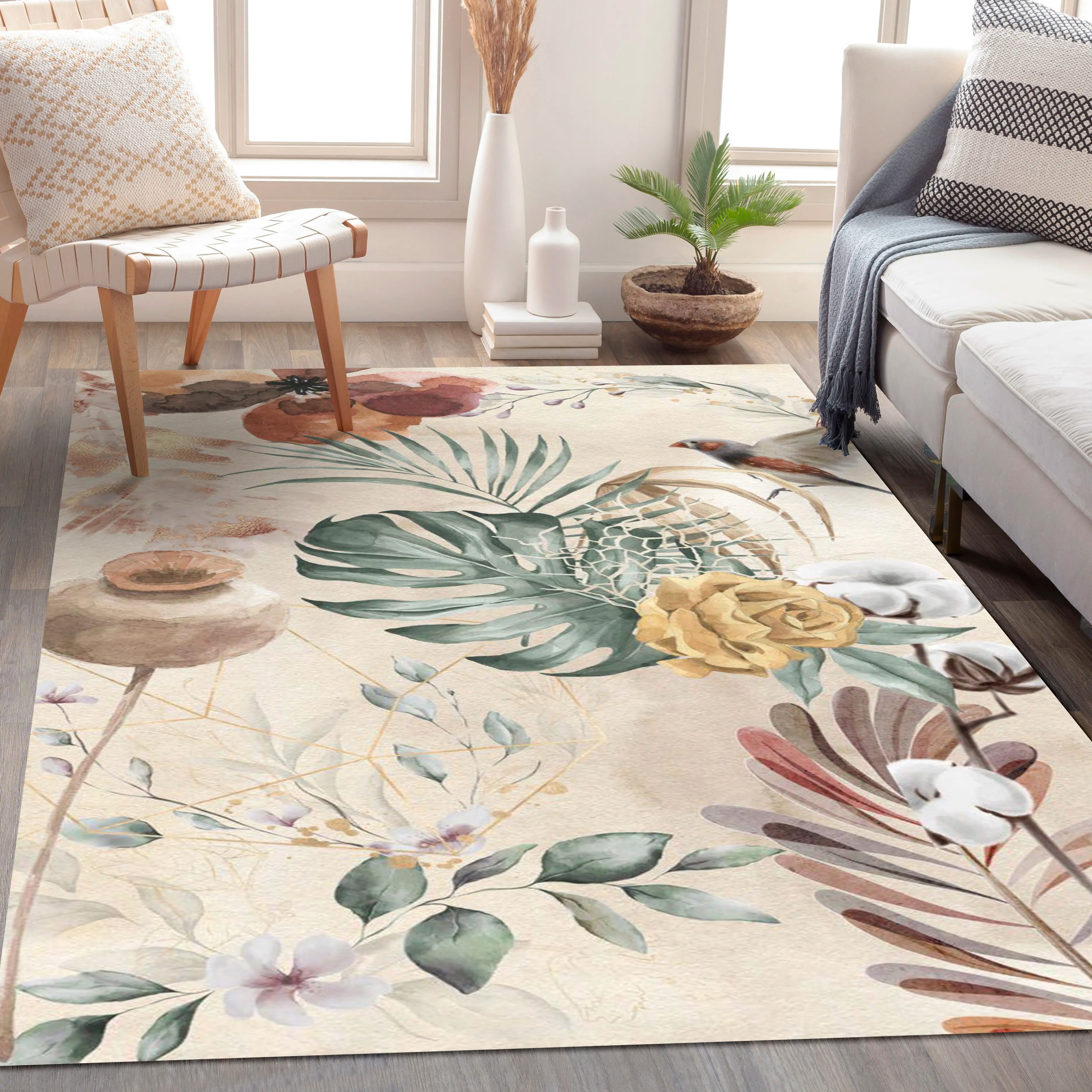Botanical-Themed Digital Print Rug with Tropical and Floral Motifs