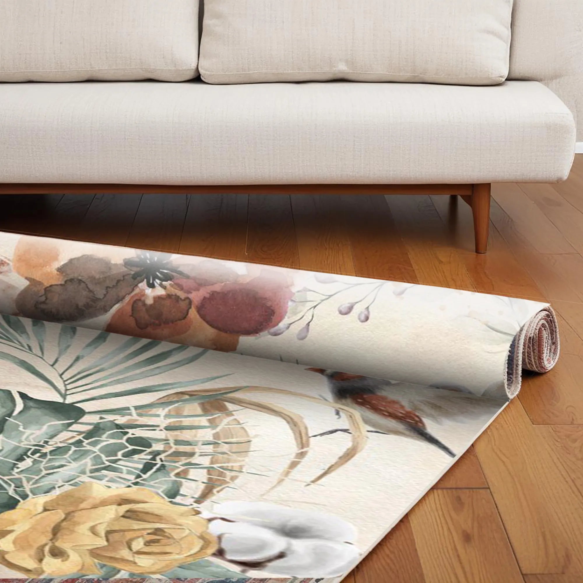 Botanical-Themed Digital Print Rug with Tropical and Floral Motifs
