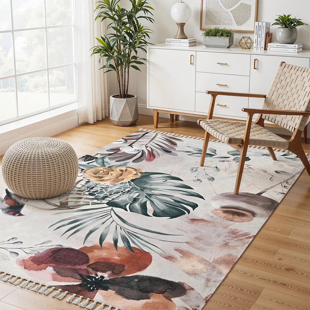 Botanical-Themed Digital Print Rug with Tropical and Floral Motifs