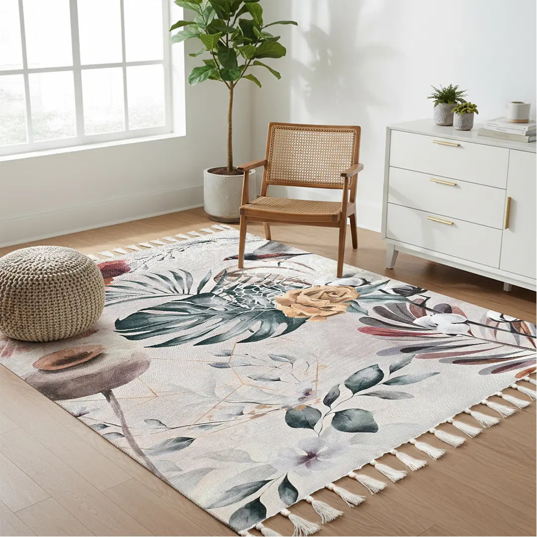 Botanical-Themed Digital Print Rug with Tropical and Floral Motifs