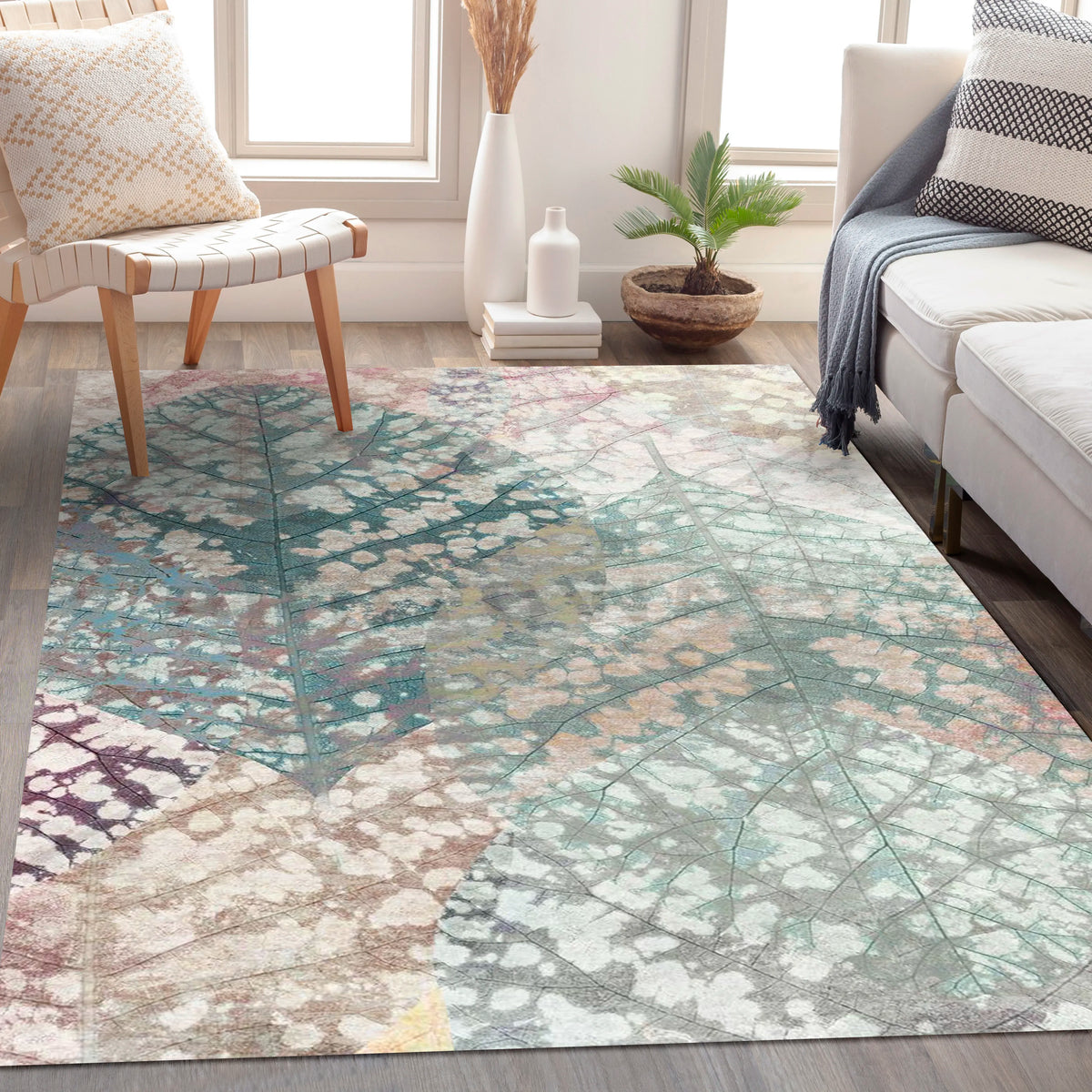 Textured Digital Print Rug Featuring Overlapping Leaf Designs