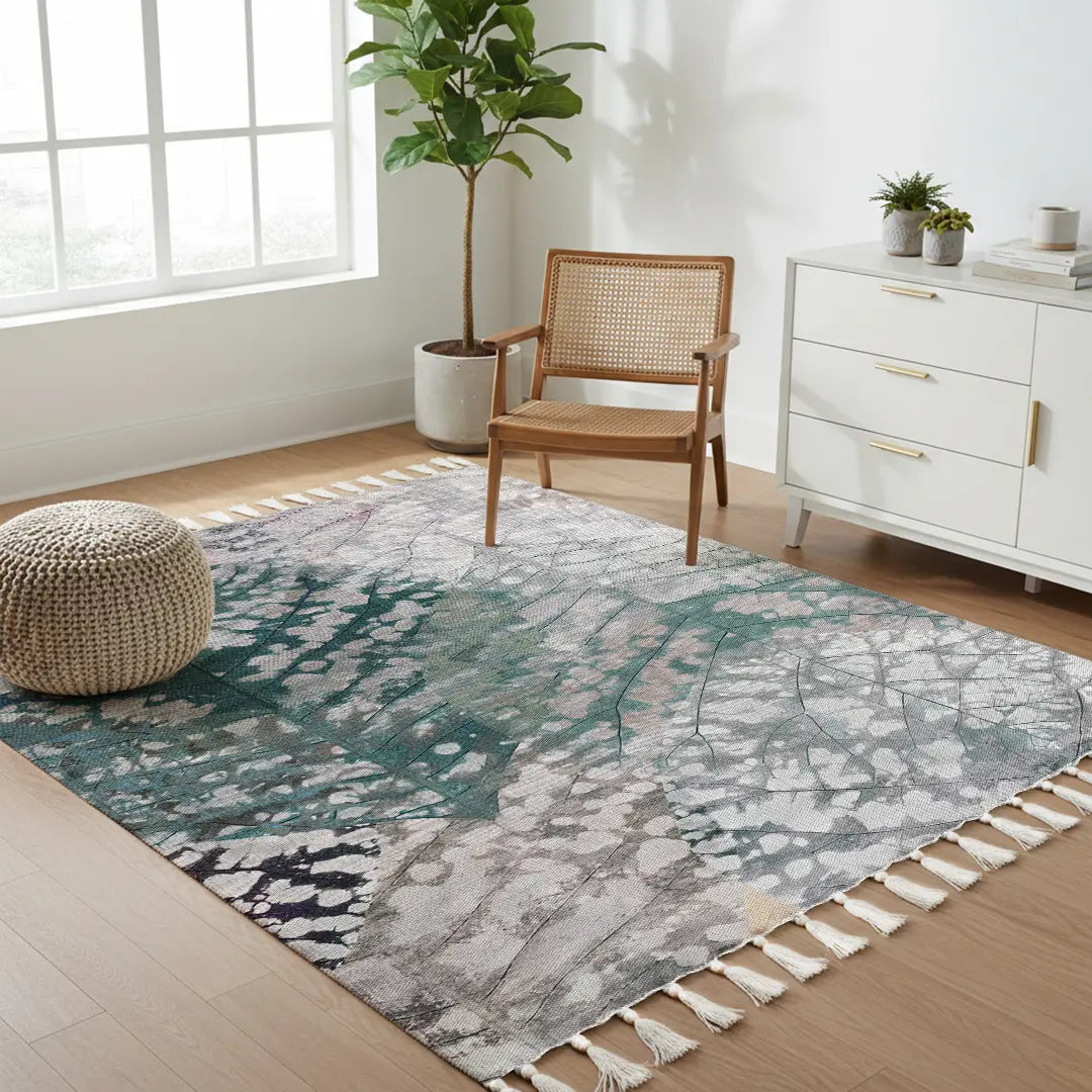 Textured Digital Print Rug Featuring Overlapping Leaf Designs