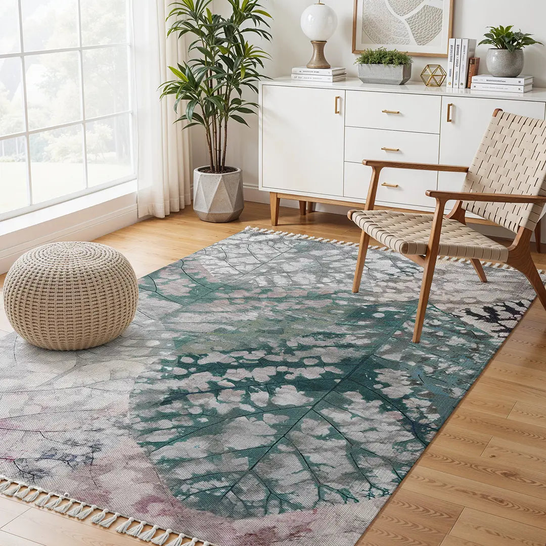 Textured Digital Print Rug Featuring Overlapping Leaf Designs