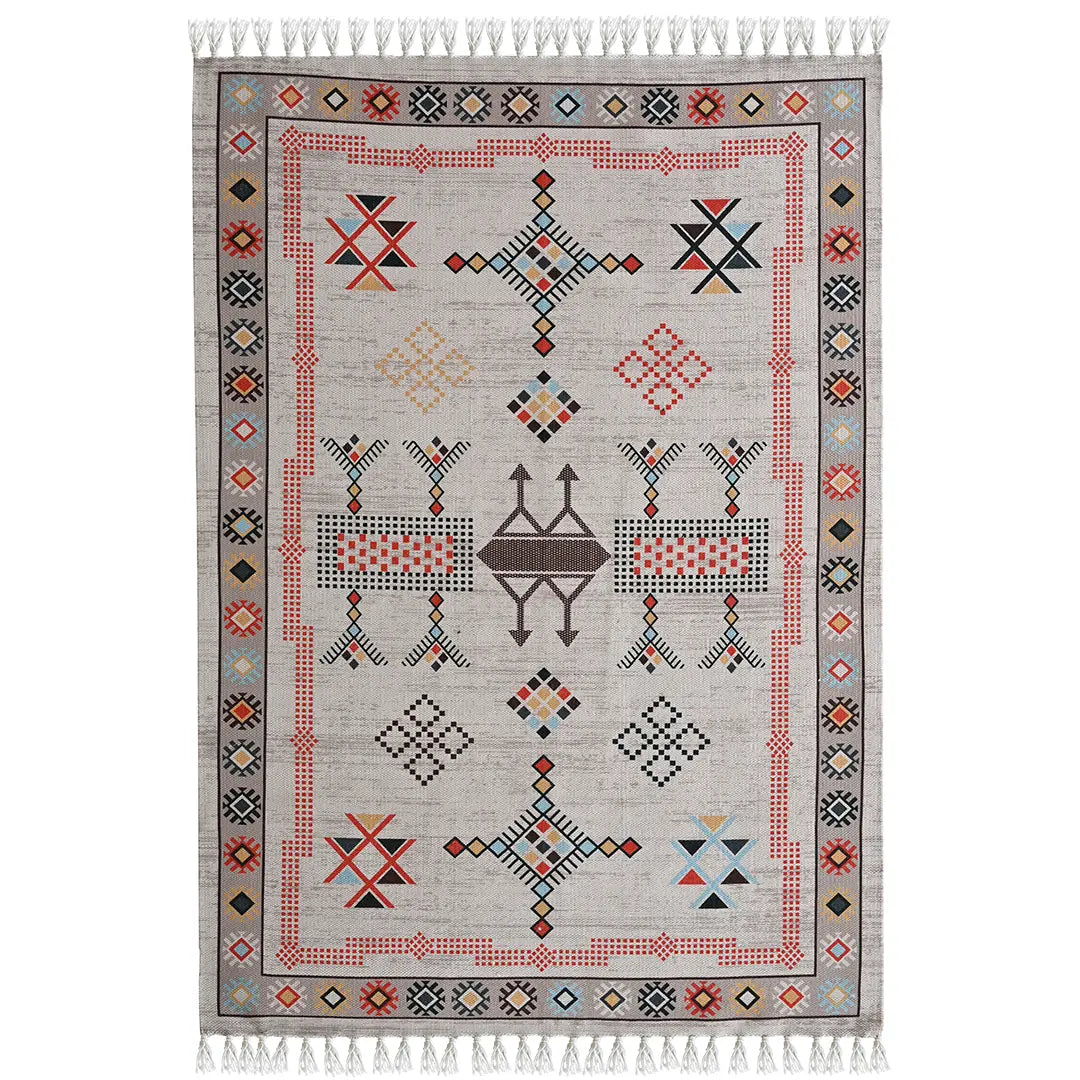 Earth-Tone Rug with Symmetrical Geometric and Stylized Floral Patterns