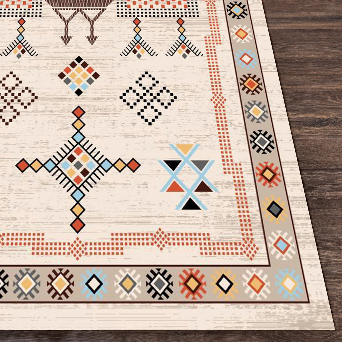 Earth-Tone Rug with Geometric and Stylized Floral Patterns