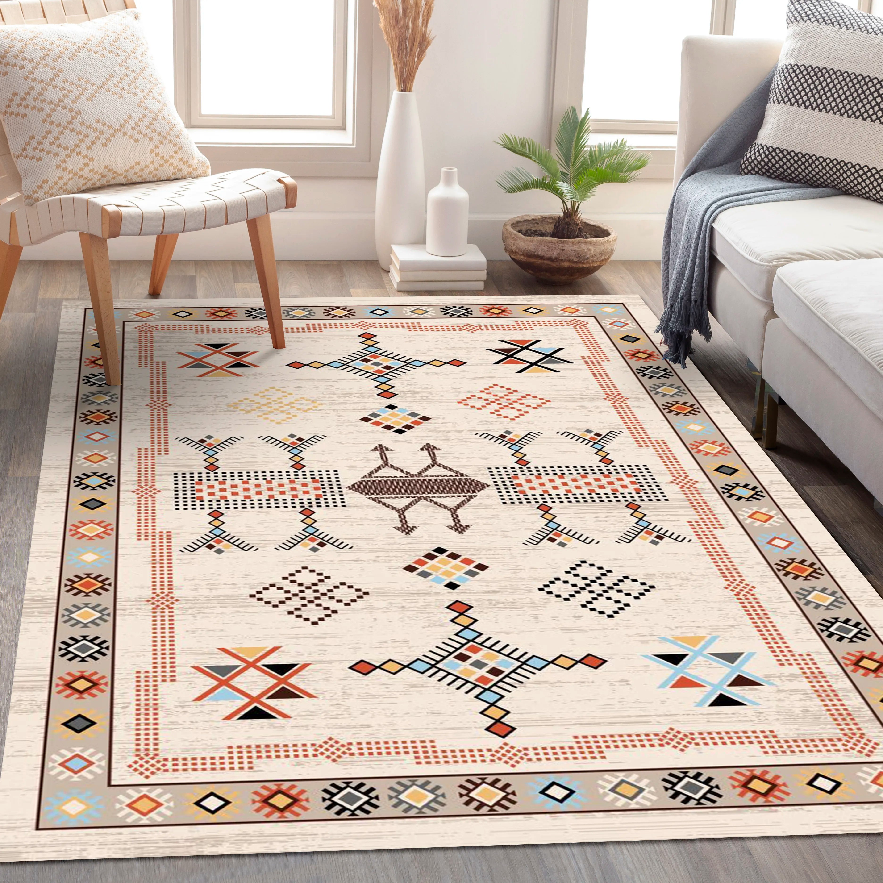 Earth-Tone Rug with Symmetrical Geometric and Stylized Floral Patterns