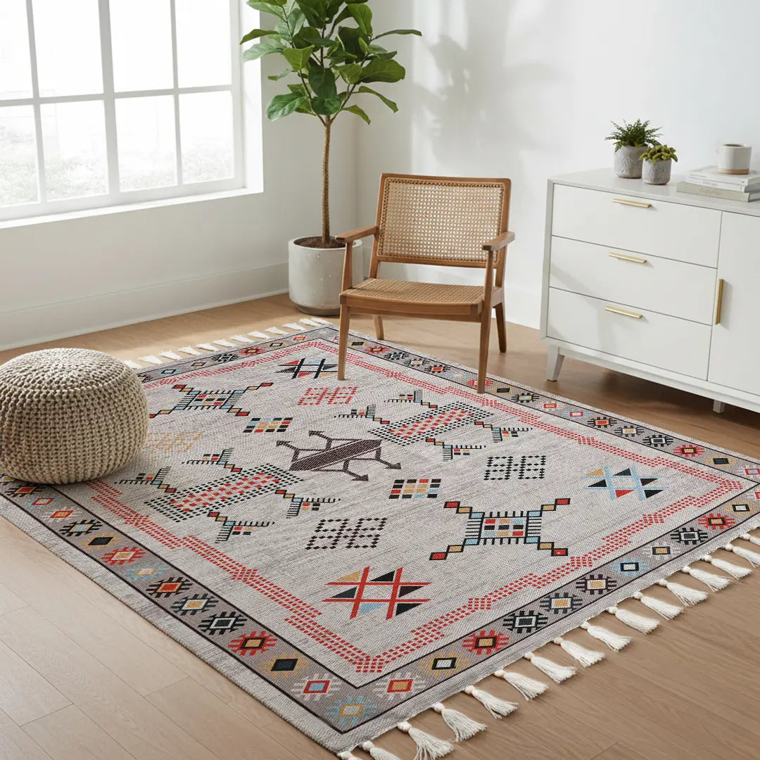 Earth-Tone Rug with Symmetrical Geometric and Stylized Floral Patterns